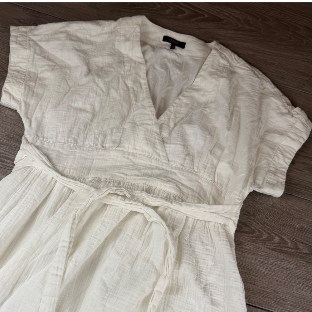 Quince Womens Midi Dress Double Gauze Cotton V-Neck Wrap Tie White Small